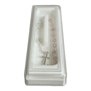 Catholic Pink Crystal Rosary Bracelet with Cross & Miraculous Medal Gift Box